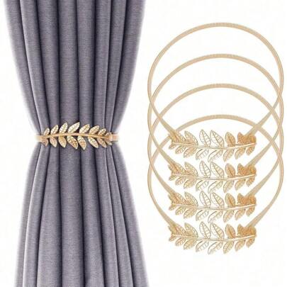 4Pack Curtain Tiebacks Aluminum Alloy Spring Design Curtain Holdback Leaf Carving Design Curtain Ties For Drapes Curtain Ties Backs Curtain Modern Style Curtain Holdback Decor