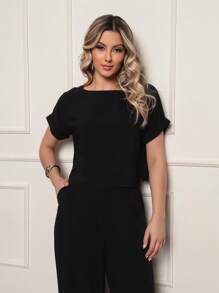 Women's Tailored Set Blouse And Wide Leg Wide Leg Pants Casual Plain Elegant Summer - 黑色 - 查看 4