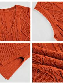 Vest For Women V Neck Sleeveless Knit Solid Casual Ribbed Preppy Pullover Tops - Orange - View 5