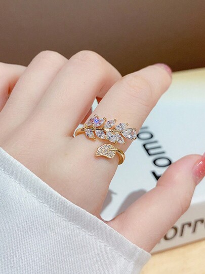 حلقة التفاف براقة مكعب زركونيا زخرفة بتصميم أوراق الشجر للنساء الى هدية قطعة واحدة