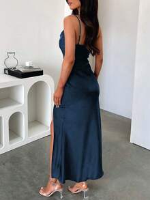 Look Polly 夏季女装，纯色真丝长裙吊带裙，婚礼女装，秋季女装，返校服，派对女装，露肩连衣裙，舞会礼服，优雅性感露腿长裙，返校节礼服，万圣节服装，女士约会夜服装，女士圣诞服装 - 藍色 - 查看 7