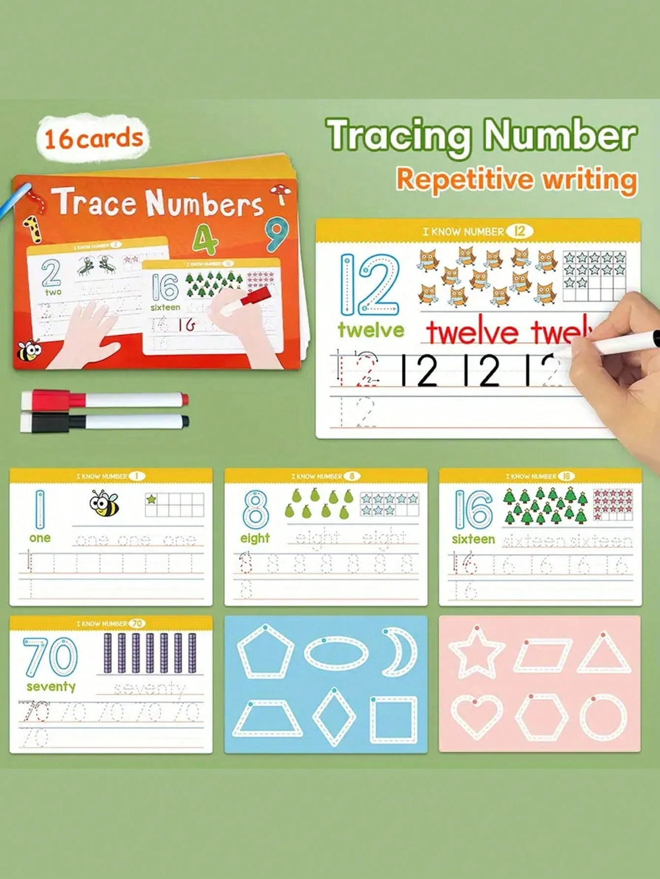 1 Set Reusable Dry Erase Flashcards For Tracing & Wiping, Digits 123