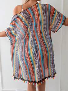 Aidonger 3-Piece Women's Striped Bandeau Bikini Set Swimsuit With Cover Up - 彩色 - 查看 2