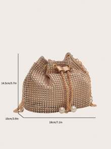 1 pieza Elegante bolso de noche con cristales de cristal dorado y cadena de metal, bolso de cubo de cordón ligero adecuado para fiestas, eventos diarios, discotecas, compras, almacenamiento de cosméticos, accesorio de moda, bolso con cristales glamuroso