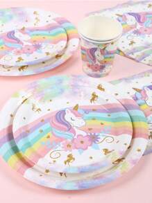 Set da 8 pezzi Decorazioni da tavola monouso a tema Unicorno, 8 piatti di carta usa e getta da 7 e 9 pollici, 8 bicchieri di carta, 16 tovaglioli, posate di carta, adatti per feste di famiglia, stile arcobaleno unicorno, articoli per compleanni