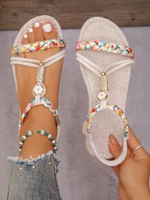 Summer Plus Size Women Flat Sandals, Floral Fabric Woven Open Toe Hollow Casual Ladies Sandals