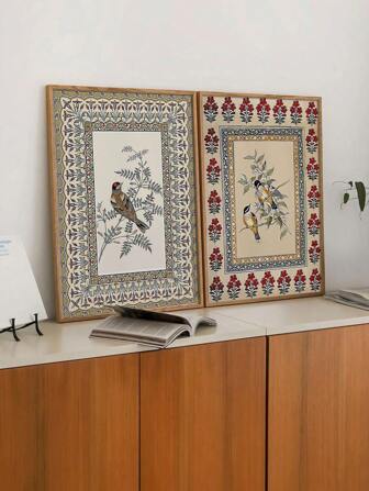 2PCS/SET " Folk Art With Flowers - Vintage Bird Themed Canvas Wall Art For Bedroom, Living Room, Office Or Dorm Decor, Unframed "