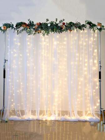 1pc 200*160cm (Without Battery)White Tulle Backdrop Curtain And Lights String For Sheer Backdrop Curtains White Curtain Backdrop For Wedding Birthday Party Photo Shoot Decorations, Back To School Valentine Day