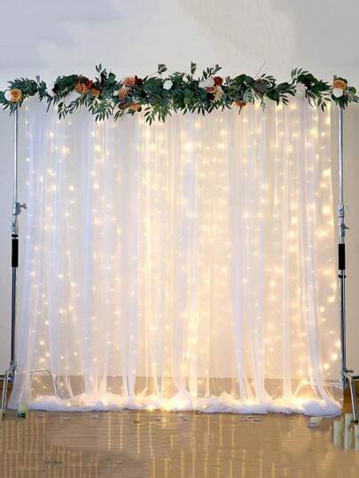 1 件 200*160 厘米（不含电池）白色薄纱背景窗帘和灯串，用于透明背景窗帘，白色窗帘背景，用于婚礼生日派对照片拍摄装饰，返校情人节