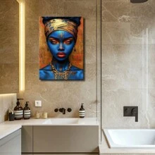 1pc Framed Wrapped Canvas Wall Art Vintage Print Woman With Blue Makeup And Gold Jewelry Canvas Classic Oil Painting Art Home Decor For Living Room, Bedroom, Office