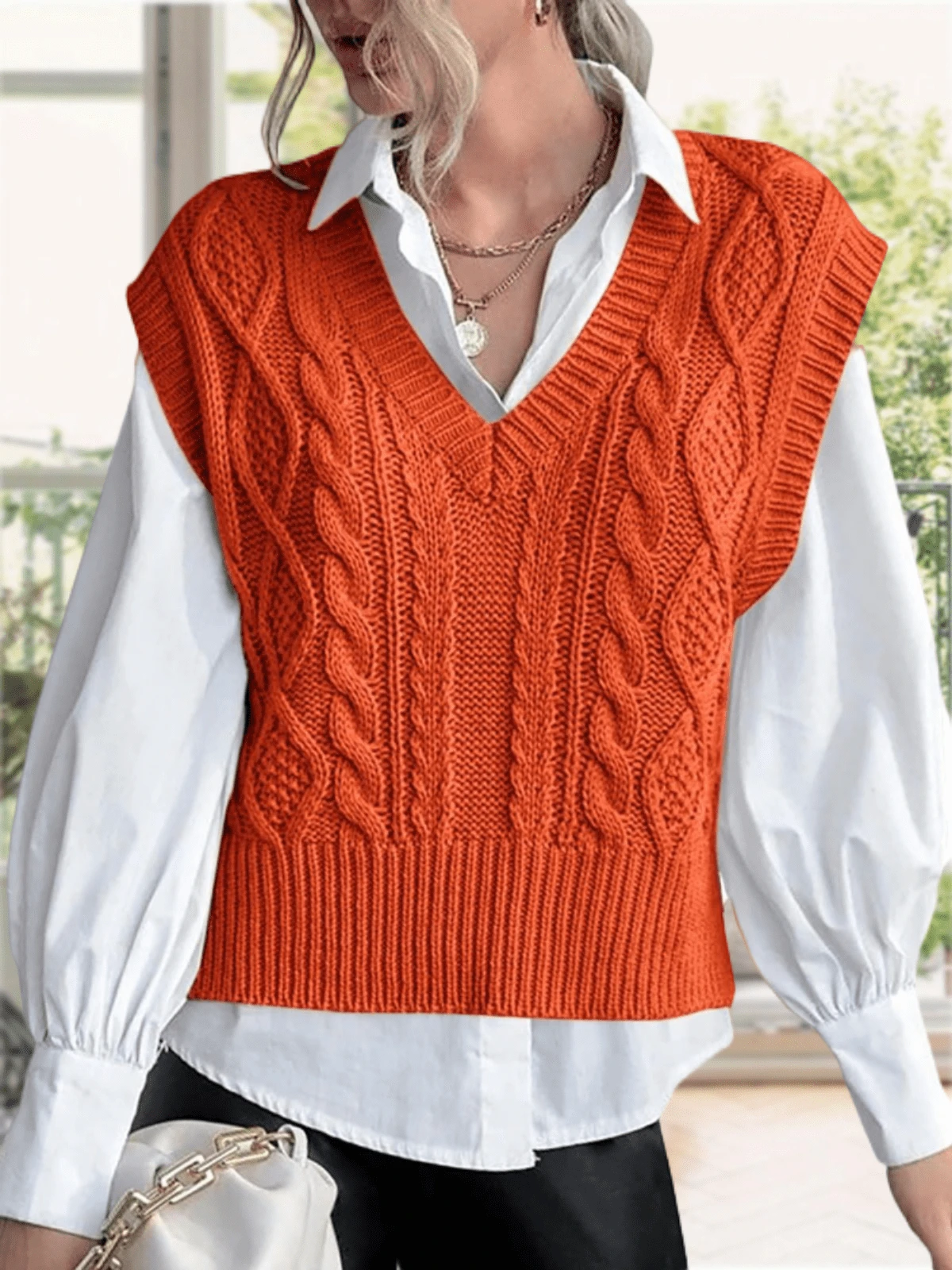 Vest For Women V Neck Sleeveless Knit Solid Casual Ribbed Preppy Pullover Tops - Orange - View 1