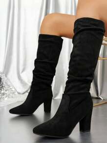 Black Slimming Multi-Color New Crinkle Tall Boots, Pointed Toe Chunky Heel Over-The-Knee Boots For Women, Fall/Winter 2025 - Black - View 7