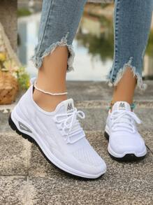 Plus Size Women's White Breathable Lace-Up Sneakers, Soft Sole Shock Absorbing Non-Slip Walking Shoes, Versatile Casual Outdoor Sports Shoes: Women's Lightweight Breathable Walking Shoes, Non-Slip Outsole, Mesh Upper, Suitable For Fitness, Travel, Work And Leisure, Casual Sneakers