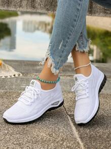 Plus Size Women's White Breathable Lace-Up Sneakers, Soft Sole Shock Absorbing Non-Slip Walking Shoes, Versatile Casual Outdoor Sports Shoes: Women's Lightweight Breathable Walking Shoes, Non-Slip Outsole, Mesh Upper, Suitable For Fitness, Travel, Work And Leisure, Casual Sneakers