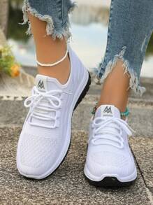 Plus Size Women's White Breathable Lace-Up Sneakers, Soft Sole Shock Absorbing Non-Slip Walking Shoes, Versatile Casual Outdoor Sports Shoes: Women's Lightweight Breathable Walking Shoes, Non-Slip Outsole, Mesh Upper, Suitable For Fitness, Travel, Work And Leisure, Casual Sneakers
