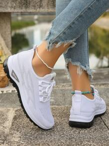 Plus Size Women's White Breathable Lace-Up Sneakers, Soft Sole Shock Absorbing Non-Slip Walking Shoes, Versatile Casual Outdoor Sports Shoes: Women's Lightweight Breathable Walking Shoes, Non-Slip Outsole, Mesh Upper, Suitable For Fitness, Travel, Work And Leisure, Casual Sneakers