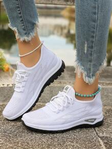 Plus Size Women's White Breathable Lace-Up Sneakers, Soft Sole Shock Absorbing Non-Slip Walking Shoes, Versatile Casual Outdoor Sports Shoes: Women's Lightweight Breathable Walking Shoes, Non-Slip Outsole, Mesh Upper, Suitable For Fitness, Travel, Work And Leisure, Casual Sneakers