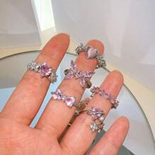 10Pcs Exquisite Pink Synthetic Zirconia Heart Love Butterfly Rings Set For Women Mix Style Fashion Open Adjustion Finger Jewelry Party Gifts