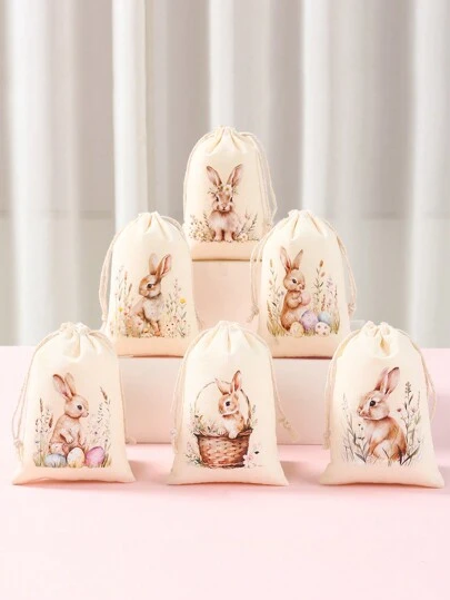 6pcs Easter Bunny Gift Bags, Easter Egg Drawstring Storage Bags, Easter Party Gift Packaging Supplies, Party Decorations, DIY Craft Souvenirs, Easter Party Favors, Spring Decor, Easter Room Decorations, Easter Party Supplies, Easter Home Decor