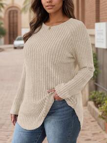 tooluck Women's Round Neck Raglan Long Sleeve Top Solid Color - 杏色 - 查看 3