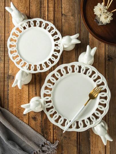 1pc Ceramic Rabbit Dessert Plate - Multiple Styles Available, Round Holiday Theme, Suitable For Steak, Pasta, Sushi, Salad, Dessert, Afternoon Tea, Fruit And Dessert Tray - Suitable For All Seasons, For Home, Restaurant, Kitchen, Dishwasher, Oven, Microwave