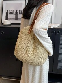 Lekka, swobodna, duża pojemność, przenośna minimalistyczna torba słomkowa z podwójnym uchwytem, średnia na wakacje dla nastolatek, kobiet, studentek, idealna na studia, do szkoły, na zewnątrz, w podróż, na wycieczki, na wakacje