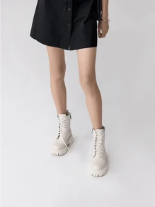 Botas Casual Mujer, Botas Impermeables Mujer Invierno Calor Exterior Botas, Botas de cordones para mujer,botas cortas de estilo británico para mujer,botas cortas de estilo británico para mujer,botas moteras para mujer,cómodas de llevar para actividades al aire libre,Quedan grandes, toma una talla menos - Blanco - Ver 4