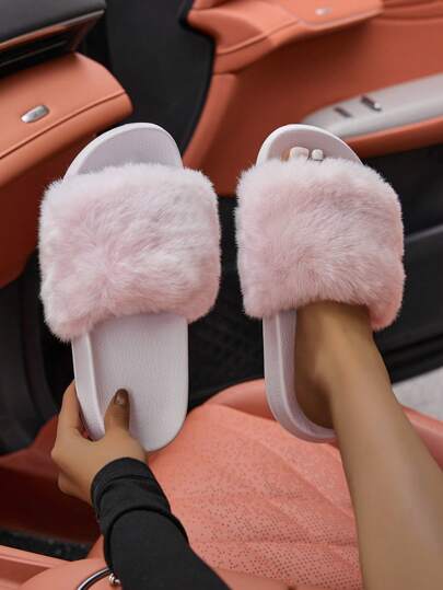 4-Season New Soft & Skin-Friendly Slippers For Women, Solid Color Slip-On Warm House Slippers, Fluffy Faux Fur, EVA Sole, Lightweight & Comfortable Bedroom Slippers, Cute & Fashionable, High-End Shock Absorption