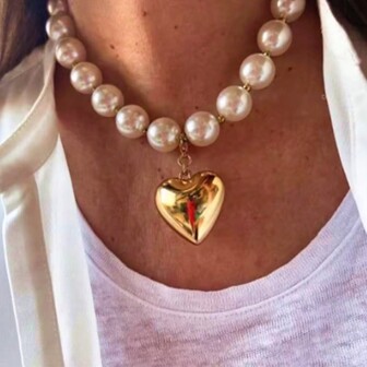 1 st. 8 mm roestvrijstalen kralenketting met grote hartvormige hanger, mode-sieradenaccessoire voor vrouwen