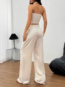 Conjunto de 2 piezas para mujer, conjunto de chaleco sin mangas y pantalón ancho casual para todas las estaciones - Albaricoque - Ver 6