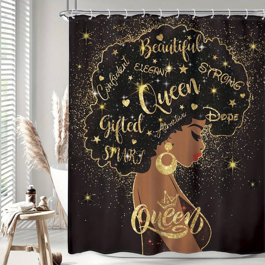 1PC African American Women Men Shower Curtain, Afro Black Queen King Luxury Golden Crown Inspirational Quotes Butterfly Modern Hooks Fabric Waterproof Toilet Accessories Decor, - Multicolor - View 1