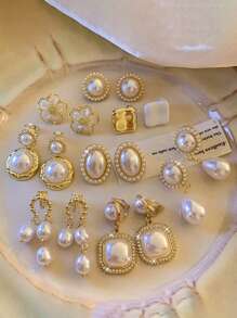 2pcs Korean Retro Faux Pearl Clip-On Earrings, Minimalist Non-Pierced Layered Design