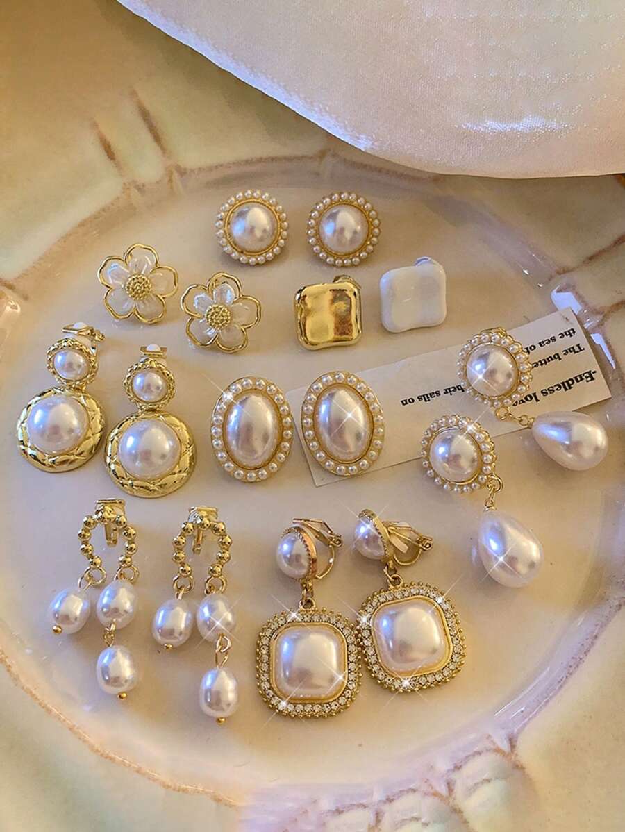 2pcs Korean Retro Faux Pearl Clip-On Earrings, Minimalist Non-Pierced Layered Design