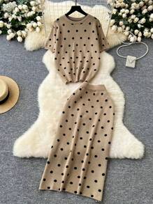 两件套女士春季针织衫套装，温柔简约圆领，韩版风格，短袖波点上衣+直筒针织裙，女士街头休闲夏季穿搭 - 卡其色 - 查看 1