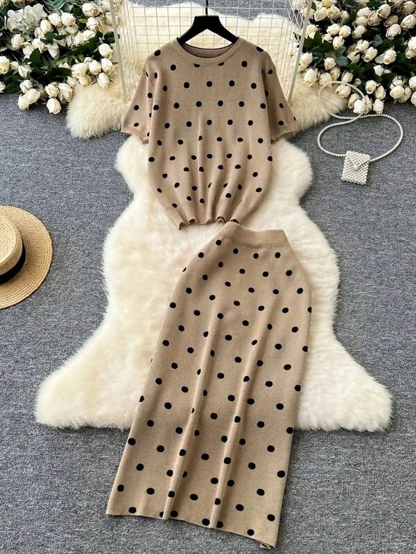 Conjunto de malha feminino 2 peças, gola redonda minimalista, estilo coreano, blusa de bolinhas de manga curta + saia de malha reta, outono