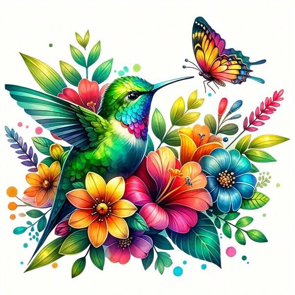 1pc Vibrant Hummingbird & Butterfly Floral Iron-On Transfer Decal - Adesivo de prensa térmica DIY para camisetas, máscaras, jeans e mochilas
