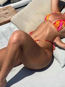 Women's Two Piece Swimwear Bikini Sets Sleeveless Halter Neck Floral Triangle Swimsuit Low Waist Thong Beachwear - trái cam - Xem 6