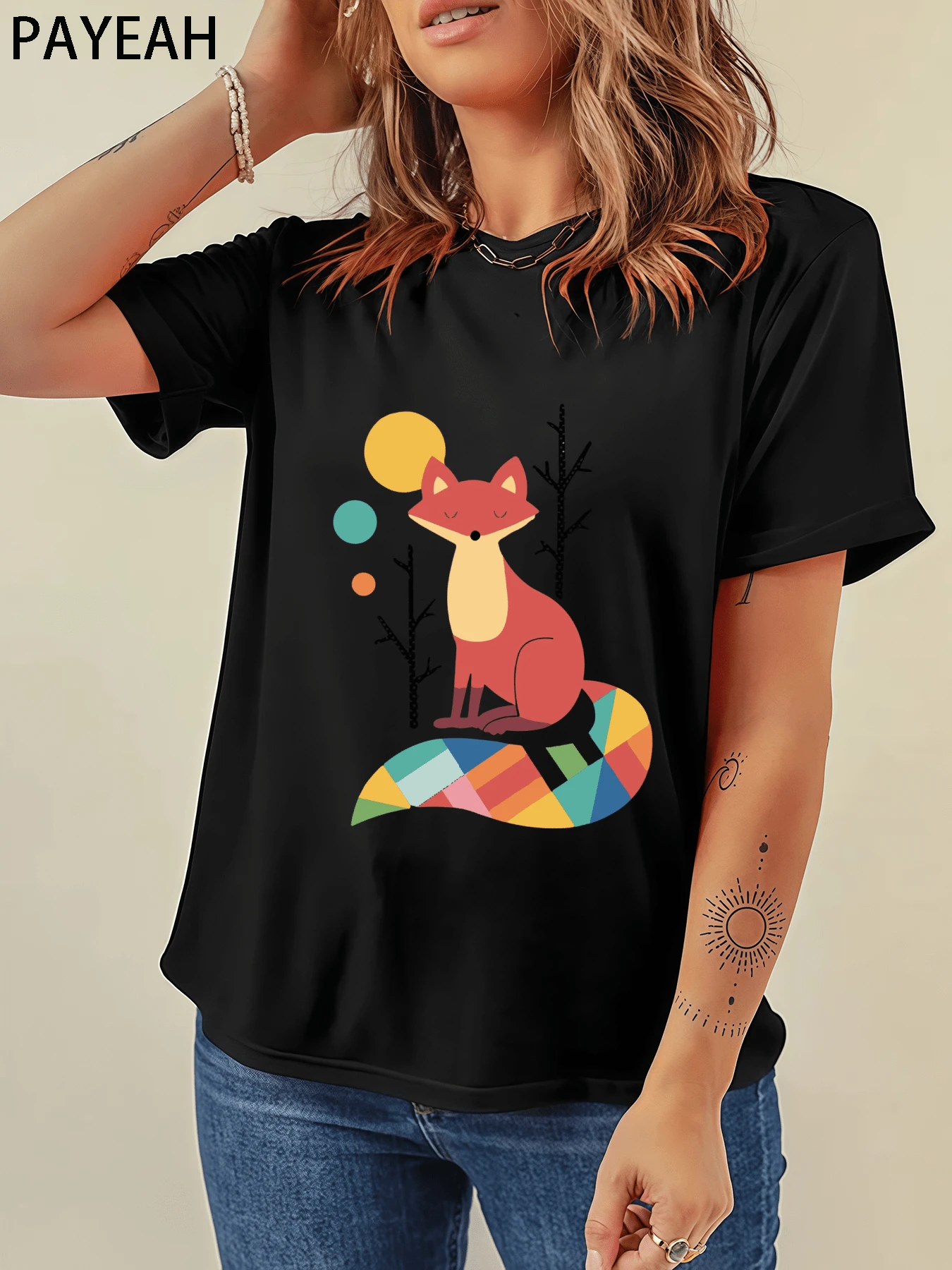 Payeah Women's 220g Heavy Cotton Casual Tee Rainbow Fox Pattern 100% Cotton Digital Print T Shirt(1 Pcs) - 黑色 - 查看 1