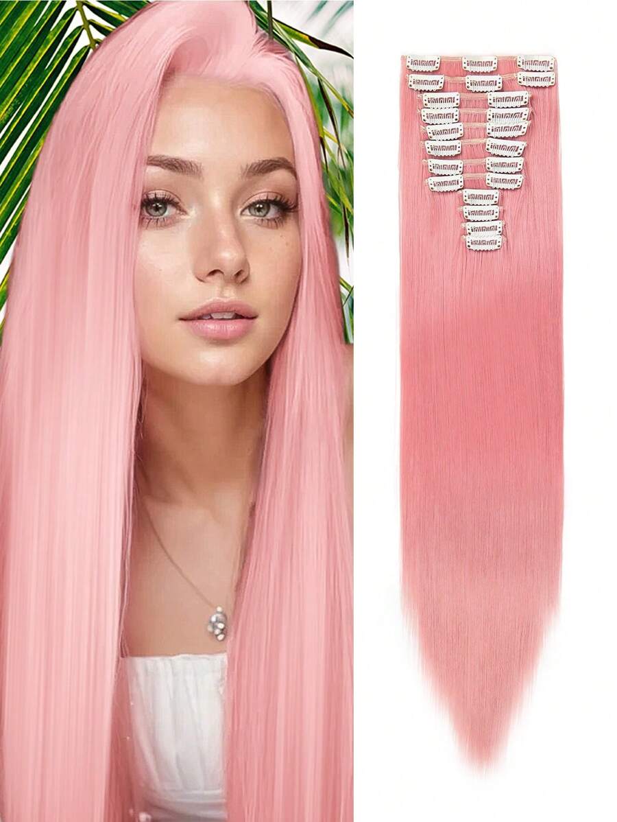 Extensions de cheveux clip rose de 22 pouces, 12 pièces par set, extension de cheveux longs droits synthétiques pour femmes et filles pour un usage quotidien