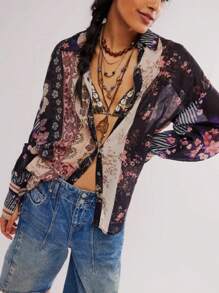 Women Vintage Long Sleeve Shirts Floral Print Turn Down Collar Button Down Hawaii Shirts Loose Blouses Spring Fall Casual Tops Streetwear Summer Vacation Beachwear Outfit - 黑色 - 查看 2