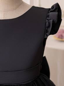 Vestido elegante de princesa de manga corta con malla negro, adecuado para fiesta de cumpleaños de niñas, banquete, disfraz, uso diario casual, actuación de instrumentos, espectáculo en el escenario, celebración de vacaciones - Negro - Ver 7