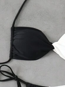 LUCKY HOLIDAY Sexy Sling Strap Backless Contrast Color Triangle Bikini Set, For Summer Beach Vacation - Black and White - View 3