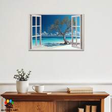 GUTTATY Fake Window Scene Wall Decor, Beach Nature Fake Faux Window Wall Art, Fake Window Beach Seascape Pictures Prints, Tree & Beach Canvas Artwork For Wall For Living Room, Bedroom ,1.5 Inch Thickness Pine Frame - Multicolor - View 2