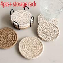 4pcs/8pcs Woven Drink Coasters, Round Absorbent Beverage Cup Mats, Handmade Fabric Coasters, Absorbent Coaster Set With Tray, Bohemian Style (Excluding Rack)