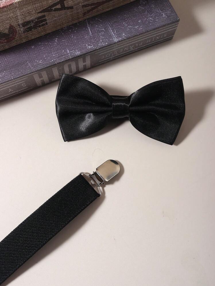 1 Set Men's Solid Color Suspenders With Bow Tie Set, Men's Solid Color Elastic Suspenders, Bow Tie Set, High Density Thickened Suspenders (Length 60-90cm) For Going Out Outfit Wedding Party And For Gift Autumn-Winter Accessories Halloween Costume,Suitable For Teens, Youth,Men,Casual, Outdoor, Athletic, Vacation, Graduation Gifts, Birthday, Daily Wear - Black - View 2