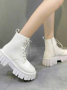 Botas Casual Mujer, Botas Impermeables Mujer Invierno Calor Exterior Botas, Botas de cordones para mujer,botas cortas de estilo británico para mujer,botas cortas de estilo británico para mujer,botas moteras para mujer,cómodas de llevar para actividades al aire libre,Quedan grandes, toma una talla menos - Blanco - Ver 8