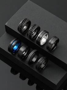 Hipoem 8 Pieces Fashionable Personalized Stainless Steel Embossed Splicing Text Elements Decorative Men'S Ring Set Suitable For Men And Women Daily With The Use Of Holiday Dating Gift Accessories Valentine'S Day Jewellery Set Rings,Mom,Mother,Mother's Day,Gift - Black - View 8