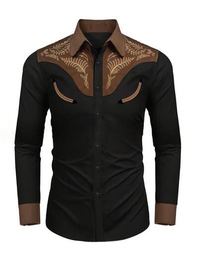 Ny broderad skjorta för herrmode, amerikansk västerländsk blommig broderimönster, långärmad skjorta med lös passform