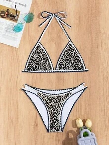 Women's Halter Neck Bikini Set, Sexy & Slimming, For Summer Beach Vacation - Black and White - View 3