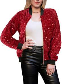 Women's Sparkly Sequin Jacket Glitter Long Sleeves Front Zip Up Bomber Jacket With Ribbed Cuffs - 紅色 - 查看 1